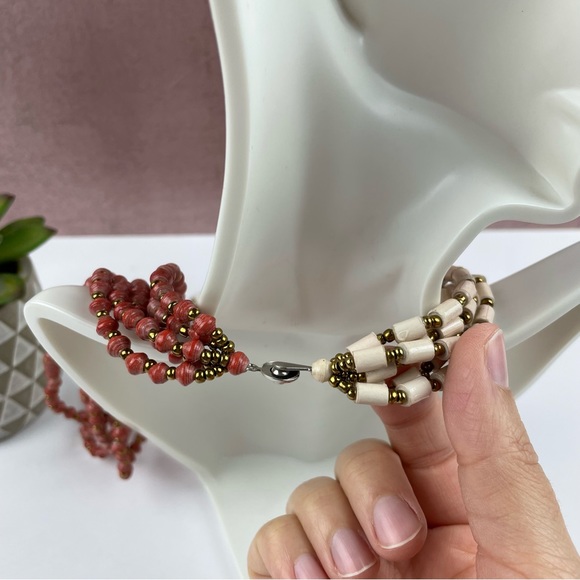 Teng Yue Red Cream Beaded Strand Necklace Boho Women Jewelry - Picture 4 of 7